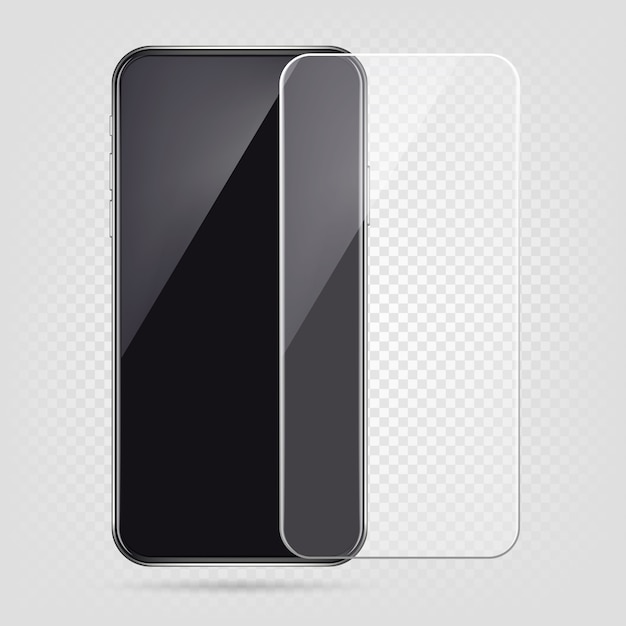 Realistic smartphone, screen protector film, cell phone transparent glass cover Premium Vector
