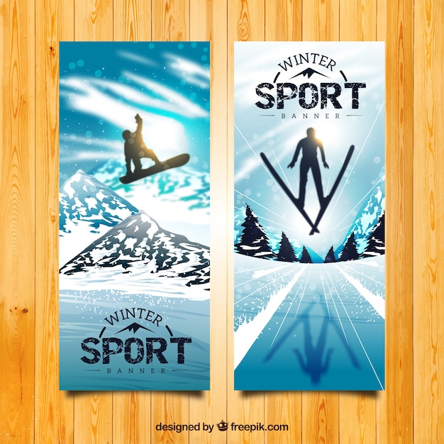 Realistic snowboard and skiing banners