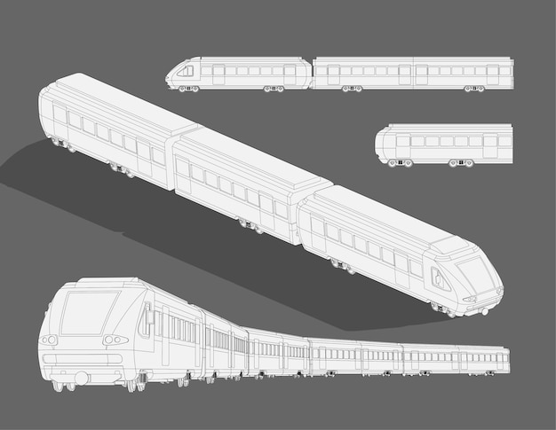 リアルな蒸気現代高速列車スケッチテンプレート ぬりえページ3dモデル列車 黒と白の漫画イラスト 塗り絵 ページ ストーリーブック プレミアムベクター
