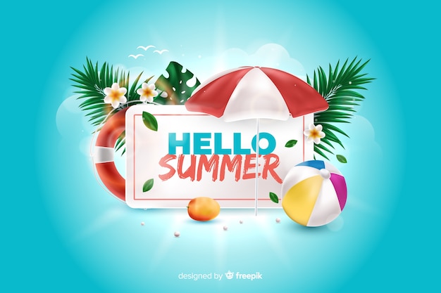 Realistic summer elements surrounding sign background Free Vector