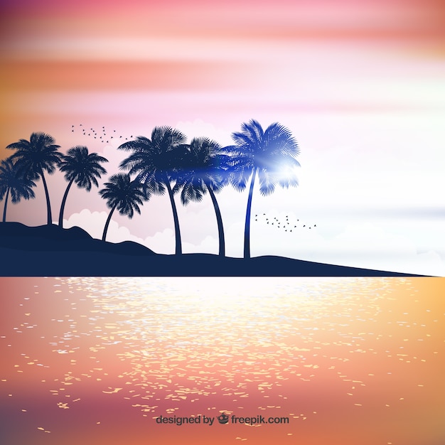 Realistic summer sunset with palm\
silhouettes