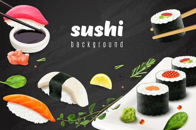 日本食レストランのシンボルイラストとリアルな寿司の背景 無料のベクター