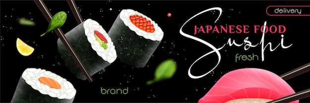 日本の食品配達バナーイラストとリアルな寿司 プレミアムベクター