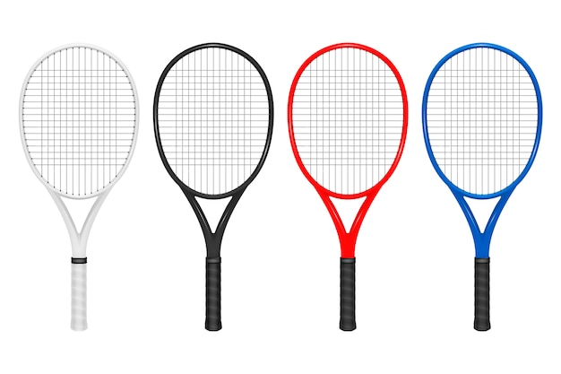 現実的なテニスラケットセット 白い背景で隔離のクローズアップ のデザインテンプレート プレミアムベクター