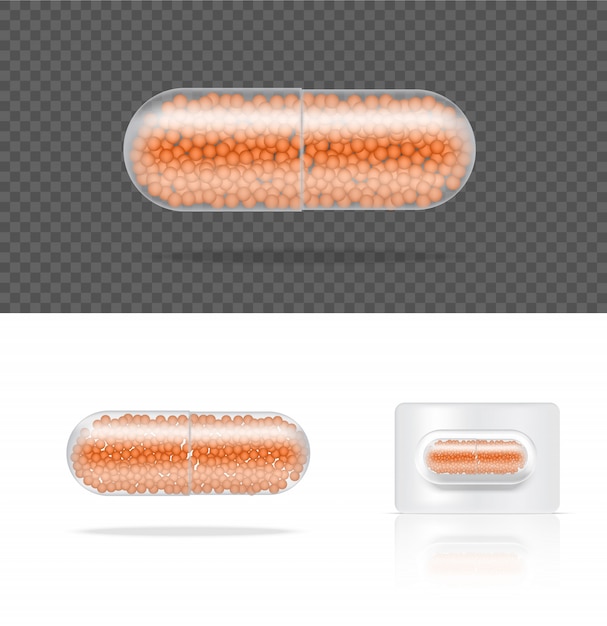 現実的な透明な錠剤薬カプセルパネルベクトルイラスト 錠剤の医療と健康の概念 プレミアムベクター