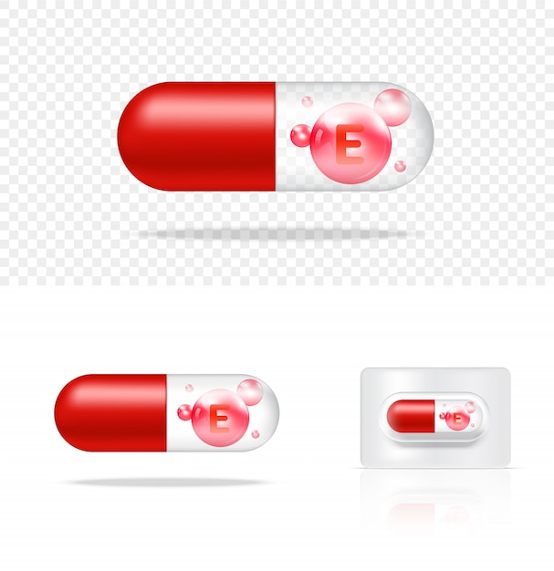 現実的な透明な錠剤ビタミンe薬カプセルパネルイラスト 錠剤の医療とヘルスケアの概念 プレミアムベクター