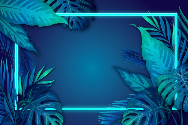 Free Vector | Realistic tropical leaves with neon frame with copy space