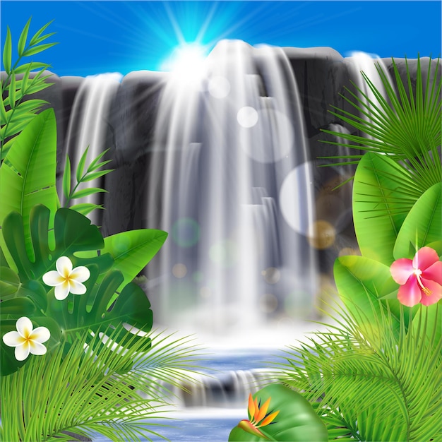 葉と花のイラストと現実的な熱帯の滝 無料のベクター