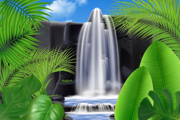 葉のイラストと現実的な熱帯の滝 無料のベクター