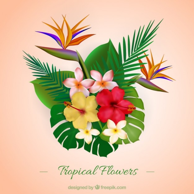 Realistic variety of tropical flowers and\
leaves