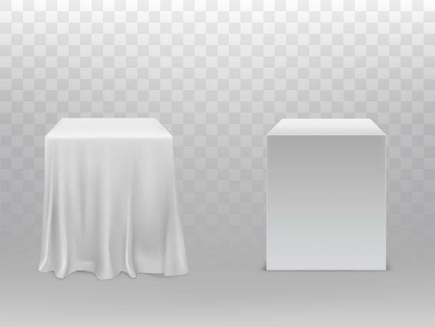 Realistic white cubes, one block covered with silk cloth Free Vector