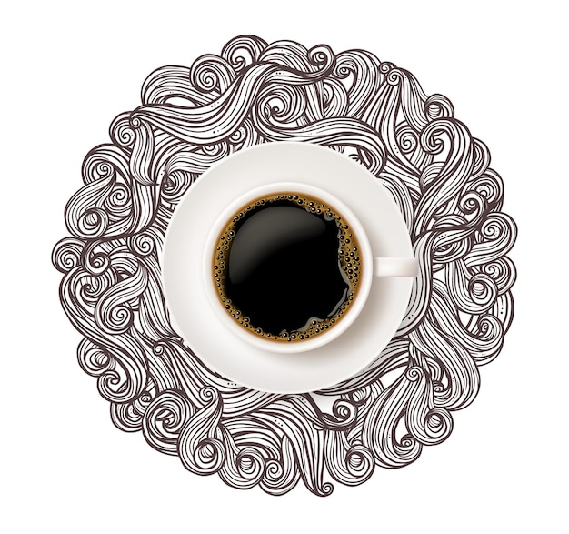 Premium Vector Realistic White Cup Of Coffee Top View With Doodle Curls And Swirl On White Background
