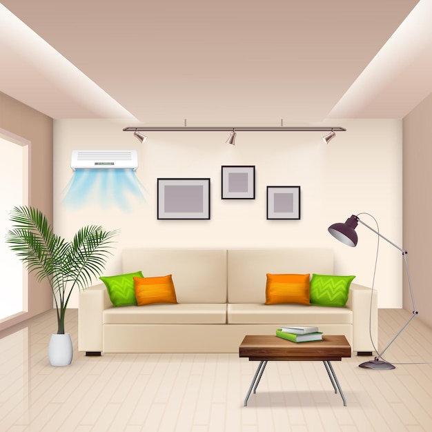 Realistic  with furnished room and modern air conditioner on wall Free Vector