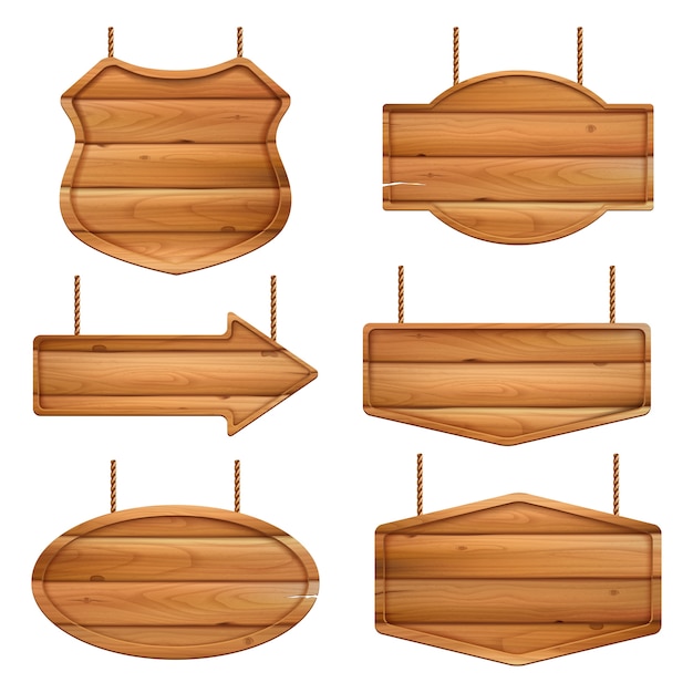 リアルな木の板 木目調のビンテージラベルまたはバッジが付いたバナー イラスト木枠リアル 木製テクスチャ看板 プレミアムベクター