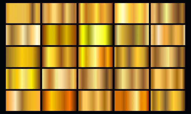 リアルな黄色のグラデーションテクスチャパック 光沢のある金色の金属箔グラデーションセット プレミアムベクター
