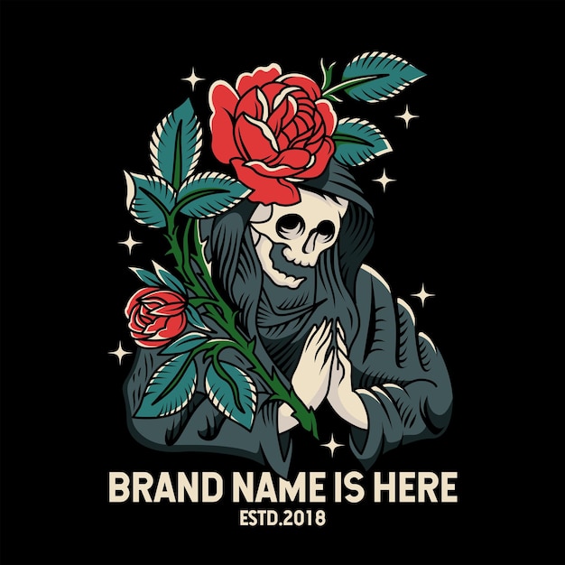 Premium Vector | Reaper skull pray behind rose plant illustration