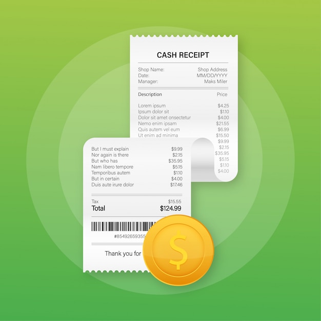 現金またはクレジットカードのトランザクションのための現実的な支払い紙の請求書の領収書イラスト ストックイラスト プレミアムベクター