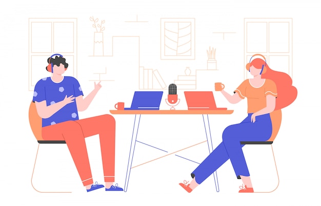 Record a podcast or tutorial webinar. interview online. the guy and the girl are sitting are wearing