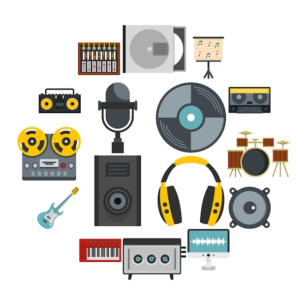Download Recording studio items icons set in flat style Vector ...