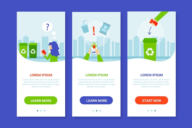 Recycle onboarding app screens Free Vector