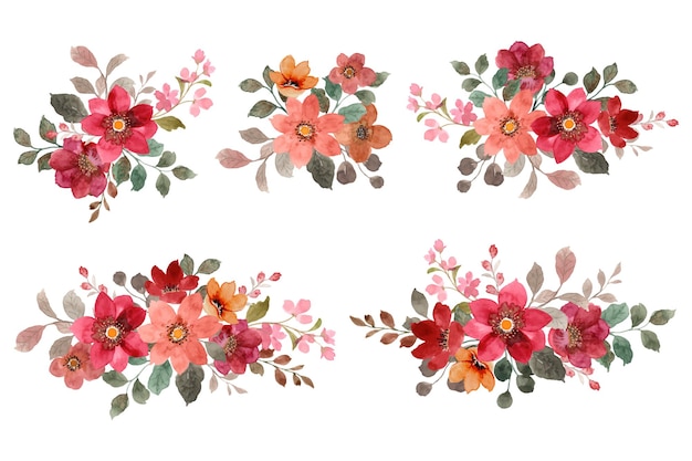 水彩絵の具で設定された赤と茶色の花の花束 プレミアムベクター