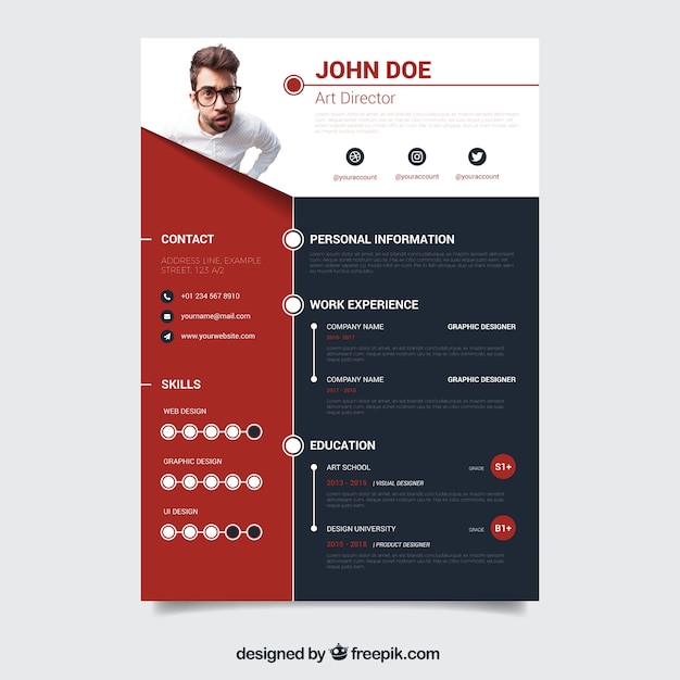 Red and dark cv template Free Vector