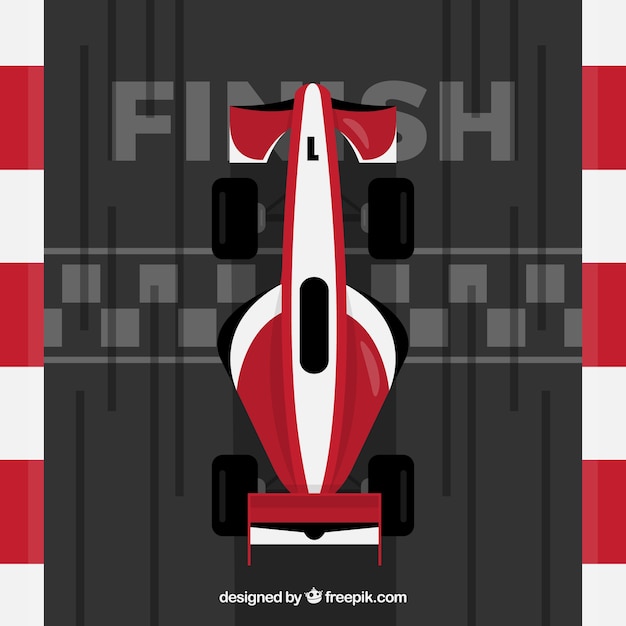 Red and white f1 racing car crosses finish\
line