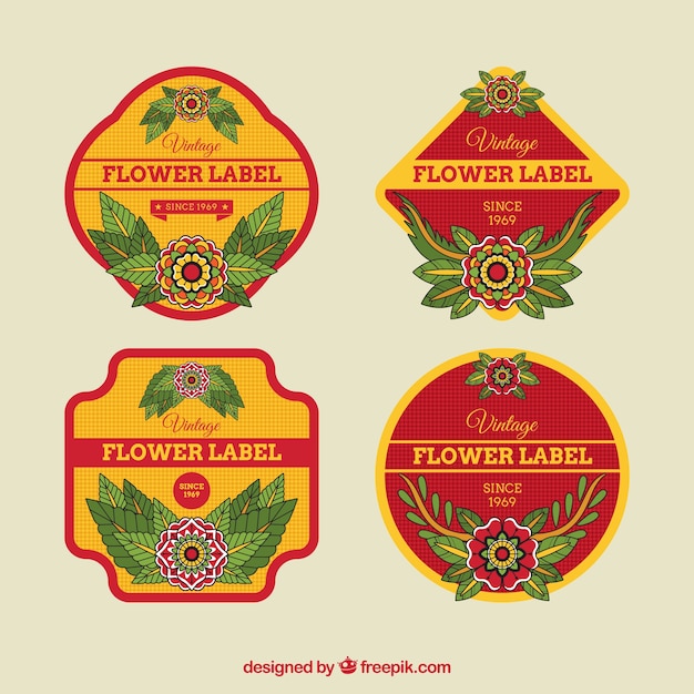 Red and yellow labels with decorative\
flowers