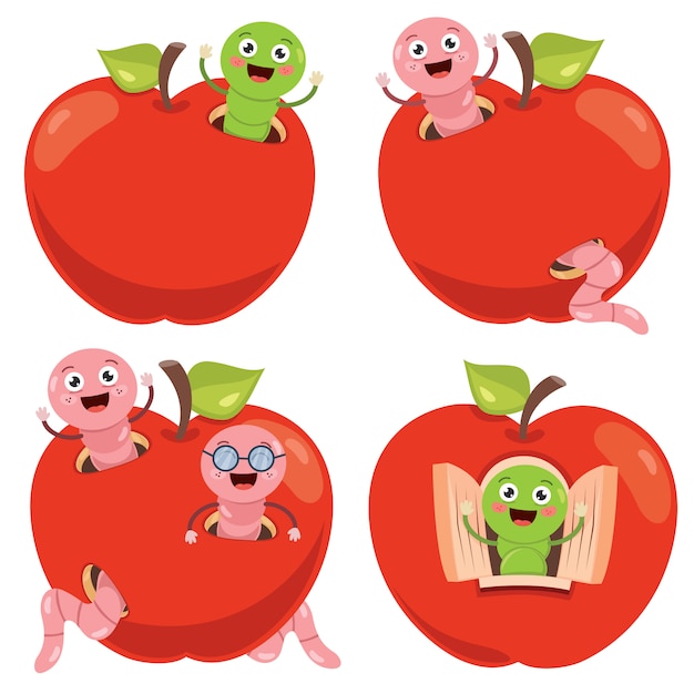 Download Red apple and cute worm cartoon | Premium Vector