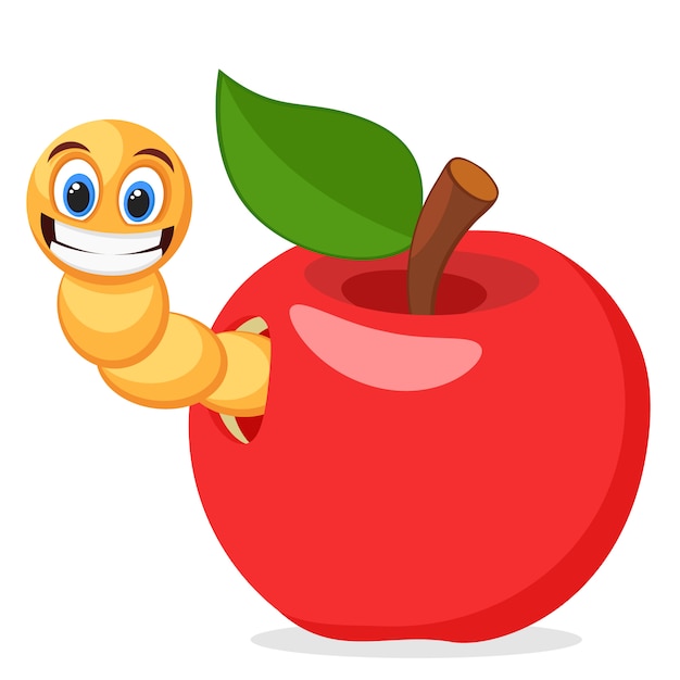 白い背景の上のワームと赤いリンゴ キャラクター プレミアムベクター