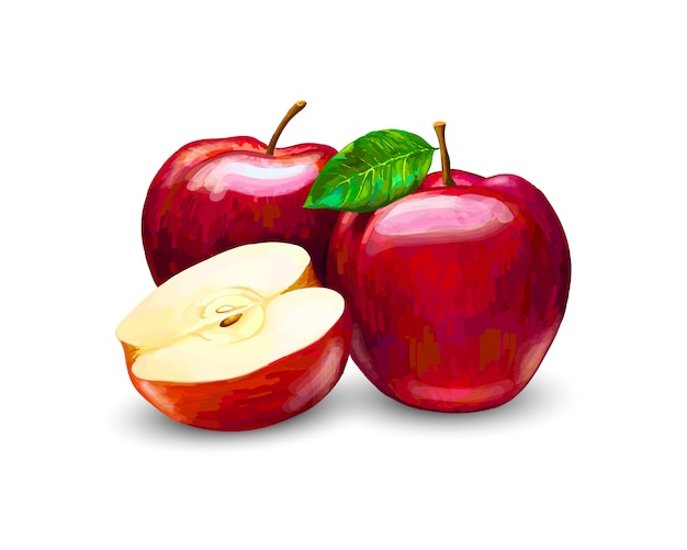 赤いリンゴ 全体とスライス 白い背景の上の甘い果実 ベクトルのリアルなイラスト プレミアムベクター