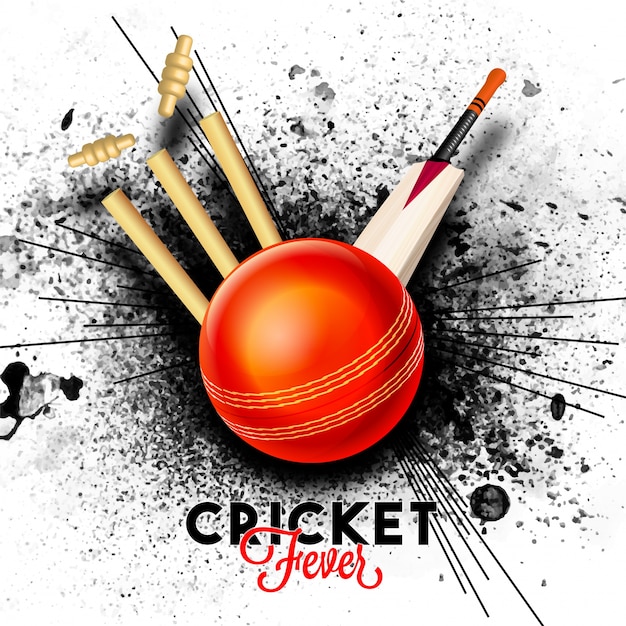 Red Ball hitting the wicket stumps with bat on\
black abstract splash background for Cricket Fever concept.