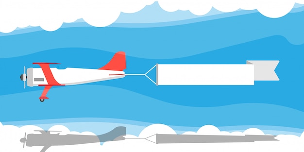 空気リボンバナーイラストの赤い複葉機 プレミアムベクター