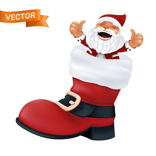 白い毛皮と金色のバックルが付いた黒いベルトが付いたサンタクロースの赤いブーツ 面白いキャラクターと白い背景で隔離のクリスマスの靴のリアルなイラスト プレミアムベクター