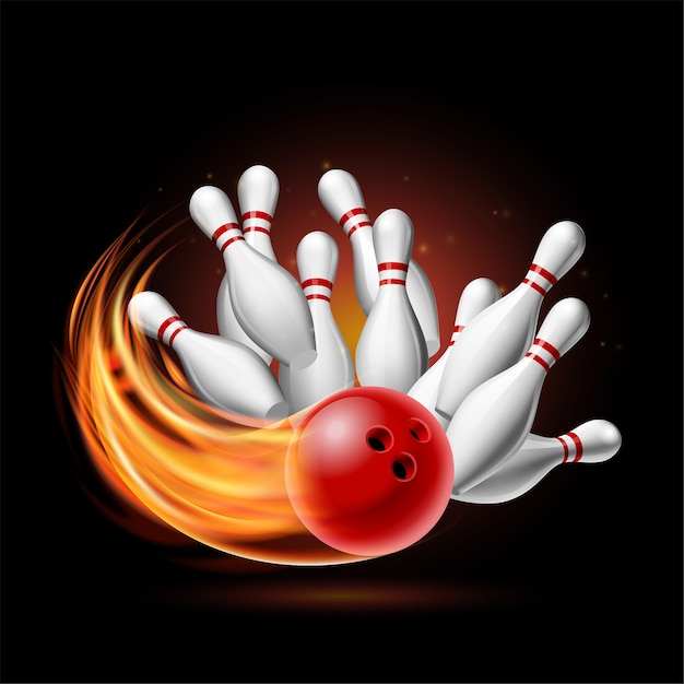 Premium Vector | Red bowling ball in flames crashing into the pins on a