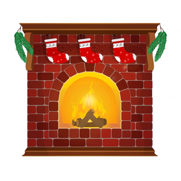 赤レンガは 靴下と新年の花輪を備えた古典的な暖炉です 新年あけましておめでとうございます装飾 メリークリスマス正月とクリスマス フラットスタイルの イラスト プレミアムベクター