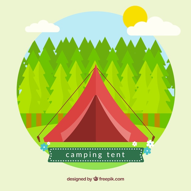 Red camping tent with pines background