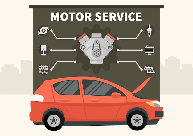 Red car with infographics of motor service vector Premium Vector