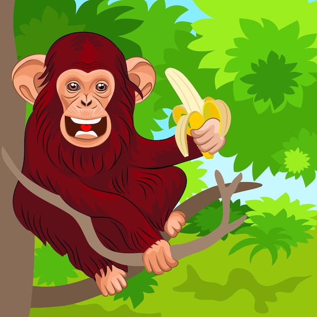 Premium Vector | Red chimpanzee sitting on the branches of a tree in ...