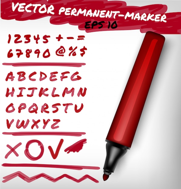 赤い色は 永続的なマーカーペン 手書きの数字セット 数字 図 アルファベットのチェック記号 プラス ラインを開きます フェルトペンイラスト プレミアムベクター