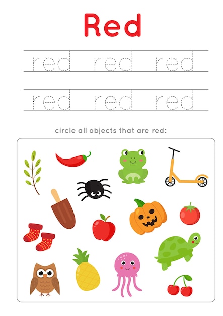 Premium Vector | Red color worksheet. learning basic colors for
