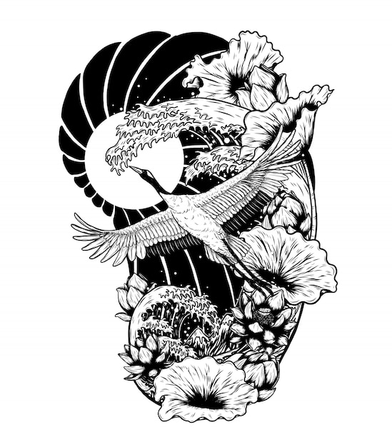 Red-crowned crane with lotus vector by hand drawing. Premium Vector