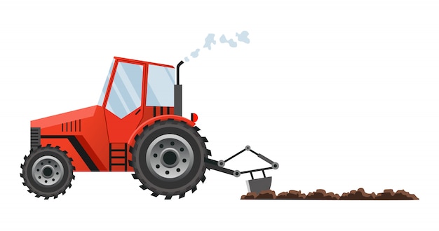 赤い農場トラクターは土地を耕作します フラットスタイルの農場のフィールドワーク輸送用の重機 農場トラクターイラスト プレミアムベクター