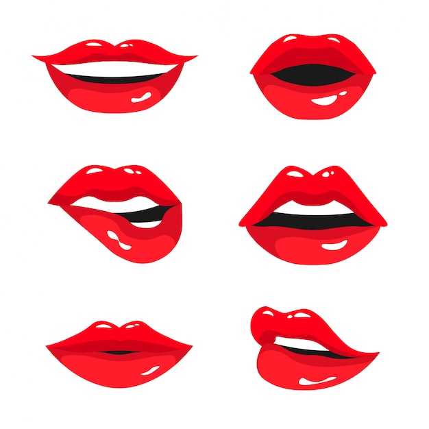 Red Female Lips Collection Set Of Sexy Woman S Lips Expressing Different Emotions Smile Kiss