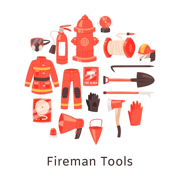 赤い消火器および消防士のツール ユニフォームおよび機器 プレミアムベクター