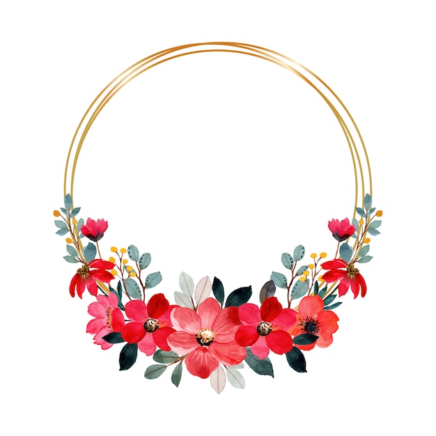 Red flower watercolor wreath with golden frame Premium
