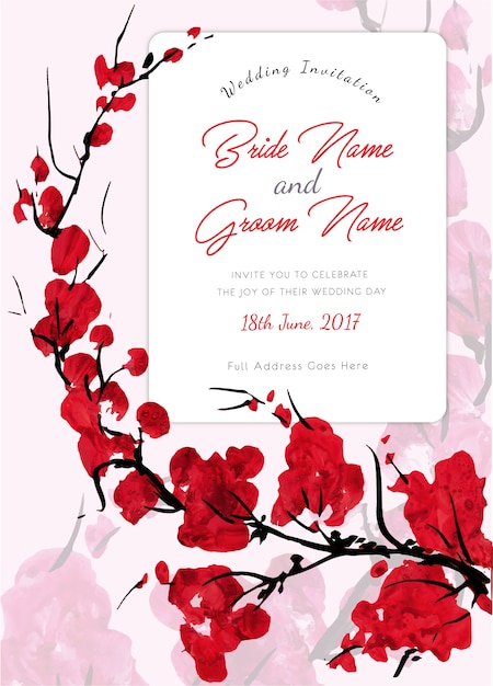 Free Vector Red Flowers Wedding Invitation