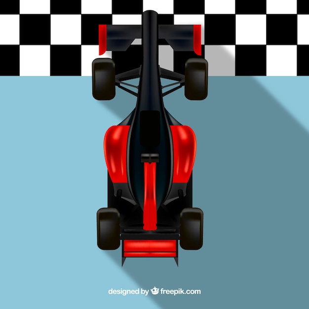 Red formula 1 racing car crossing finish\
line