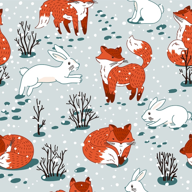 森の赤狐と白うさぎ 野生の森の動物とのシームレスなパターン 冬のクリスマスイラスト プレミアムベクター
