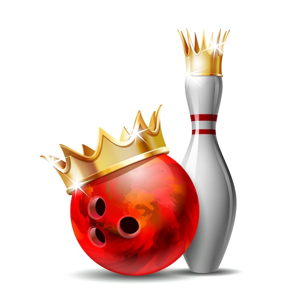 Premium Vector | Red glossy bowling ball with golden crown and white